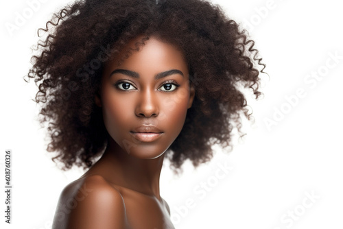 Beauty portrait of african young woman with natural makeup isolated on white background. AI