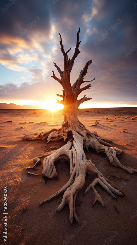 Landscape with a tree in the desert at sunset. AI