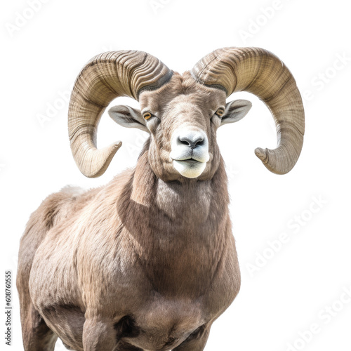 a Bighorn ram Portrait, frontal view in a wildlife-themed, illustration in a PNG, cutout, and isolated. Generative ai