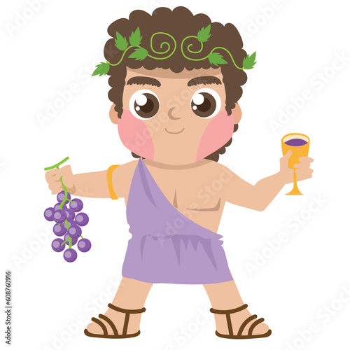 Cute clipart of Dionysus God of wine and vegetation on a white background. Cute cartoon Greek gods isolated on white background for packing paper, fabric, postcard, clothing, printable game card.