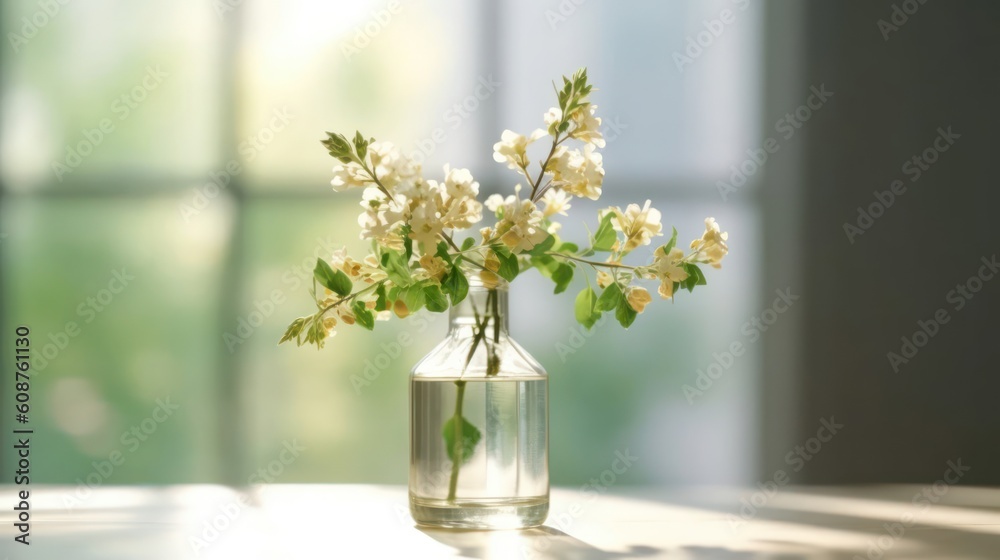 Flower in bottle glass on top table with lighting from windows. Generative AI illustrations Flower in bottle glass on top table with lighting from windows. Generative AI illustrations