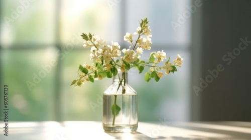 Flower in bottle glass on top table with lighting from windows. Generative AI illustrations