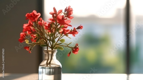 Flower in bottle glass on top table with lighting from windows. Generative AI illustrations