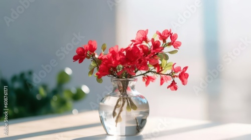 Flower in bottle glass on top table with lighting from windows. Generative AI illustrations