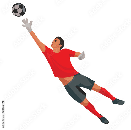 Asian football goalkeeper jumping and catching the ball