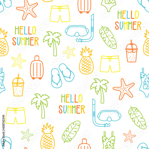 cartoon seamless summer pattern with colored beach elements