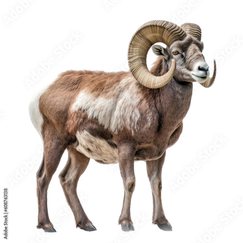 an isolated Rocky Mountain Big Horned Sheep ram, full body in various positions, Wildlife-themed, photorealistic illustration on a transparent background cutout in PNG. Generative AI