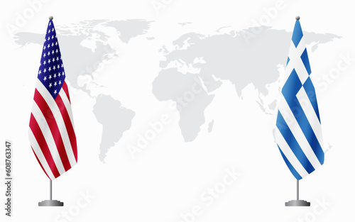 United States and Greece flags for official meeting