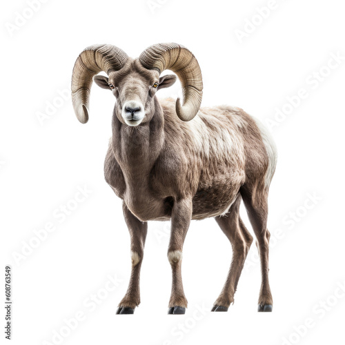 an isolated Rocky Mountain Big Horned Sheep ram, full body in various positions, Wildlife-themed, photorealistic illustration on a transparent background cutout in PNG. Generative AI