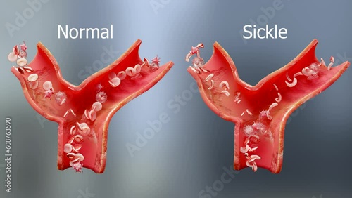 Sickle cell anemia disease, medically accurate 3d animation of sicklecell, blood vessel with normal red blood cells and sickled red blood cells, Normal hemoglobin and deformated crescent, 3d render photo