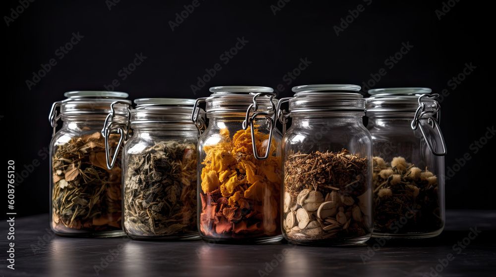 Glass jars with different spices in row on kitchen worktop closeup Generative AI Glass jars with different spices in row on kitchen worktop closeup Generative AI