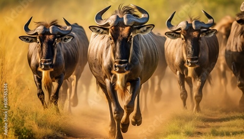 Running Herd of Wildbeests in Savannah Generative AI photo