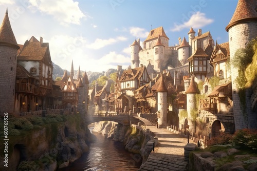 Picturesque quaint European town with charming medieval houses, generative ai