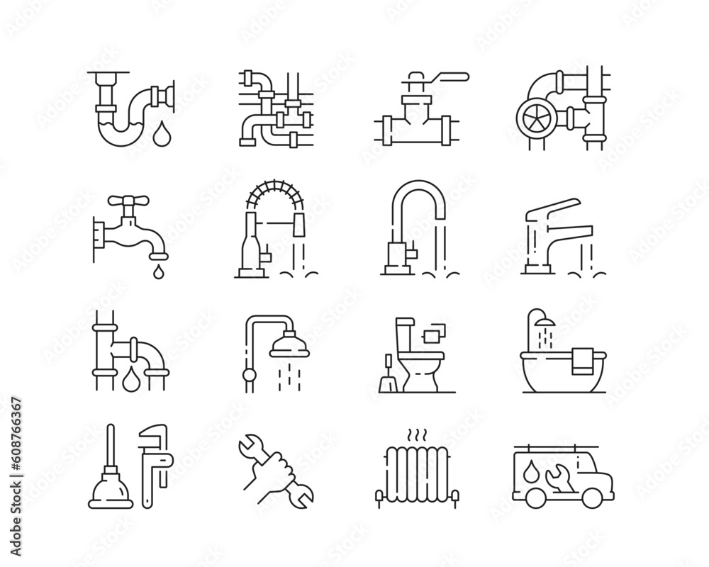 Plumbing Icon collection containing 16 editable stroke icons. Perfect for logos, stats and infographics. Edit the thickness of the line in Adobe Illustrator (or any vector capable app).