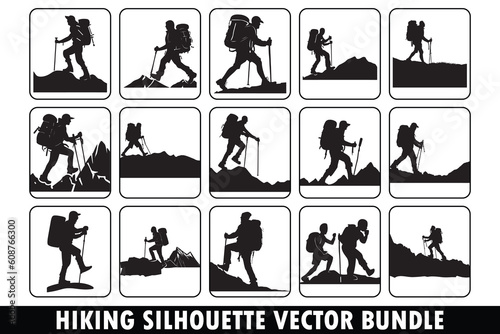 Hiking silhouette vector bundle, Adventure silhouette vector bundle, Outdoor activity vector bundle, Nature exploration vector pack, Mountain hiking silhouette © Art Merch X