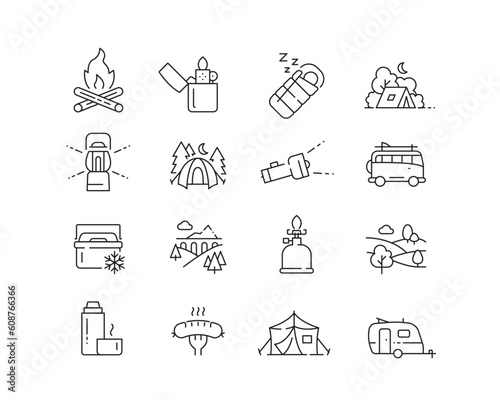 Outdoor Camping Icon collection containing 16 editable stroke icons. Perfect for logos, stats and infographics. Edit the thickness of the line in Adobe Illustrator (or any vector capable app).