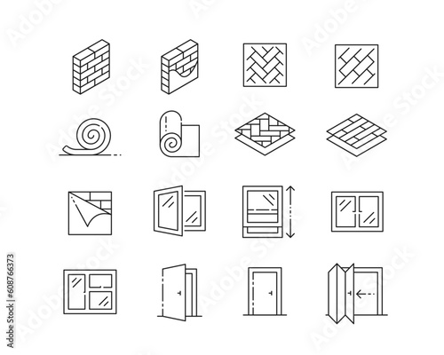 Walls, Floors, Windows and Doors Icon collection containing 16 editable stroke icons. Perfect for logos, stats and infographics. Edit the thickness of the line in any vector capable app.