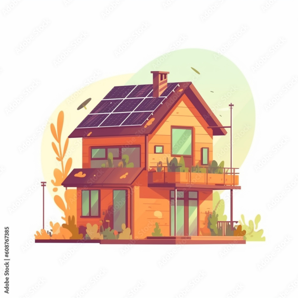 Ecco Freindly House With Solar Panels Illustration on white Background