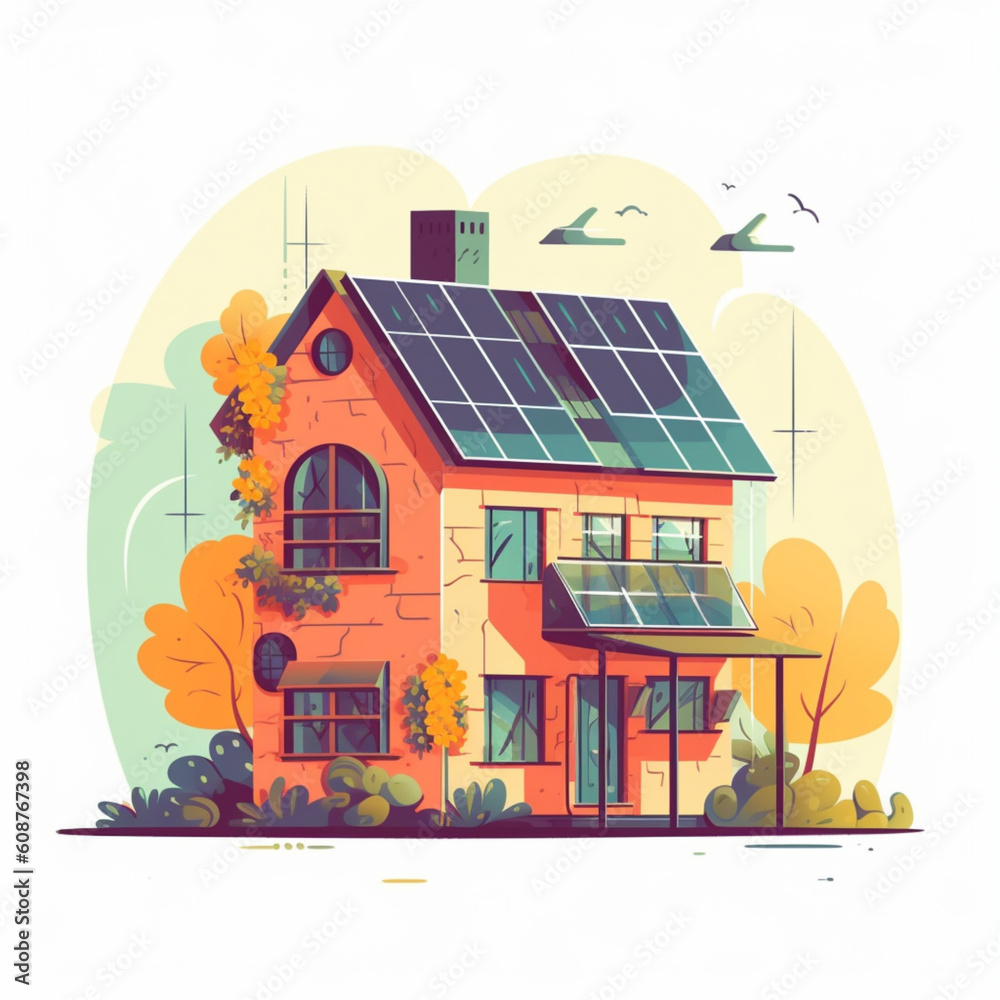 Ecco Freindly House With Solar Panels Illustration on white Background