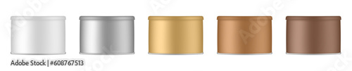 Set of aluminium canisters. White, silver, gold and brown tin containers. Tea or cockie jar. Round box for sugar or flour	
