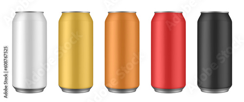 Set of white, yellow, orange, red and black tin cans of beer, energy drink, juice or soda. Cold beverage