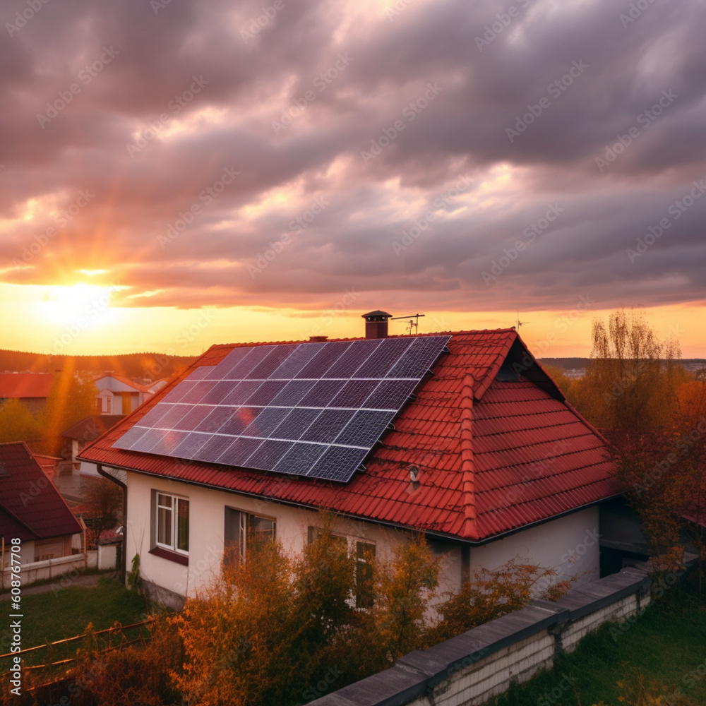 Solar Panels On House Roof With Astetic Sunset Solar Panels On House Roof With Astetic Sunset