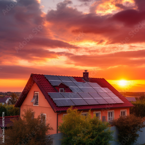 Solar Panels On House Roof With Astetic Sunset