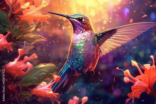 Beautiful, colorful hummingbird perched on a branch with a bunch of pink flowers. Generative AI