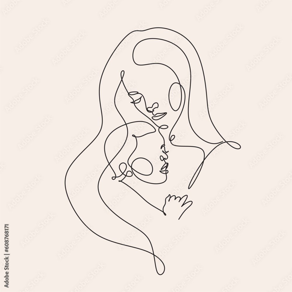 Line art woman face with baby. Minimalist Abstract Female A woman holds her baby. Continuous one-line drawing with color spots, and flowers. Vector draw illustration. Happy Mother's day card. Line art woman face with baby. Minimalist Abstract Female A woman holds her baby. Continuous one-line drawing with color spots, and flowers. Vector draw illustration. Happy Mother's day card.