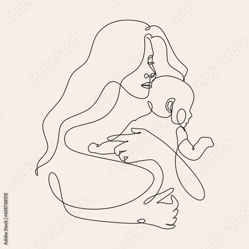 Line art woman face with baby. Minimalist  Abstract Female A woman holds her baby. Continuous one-line drawing with color spots, and flowers. Vector draw illustration. Happy Mother's day card. 