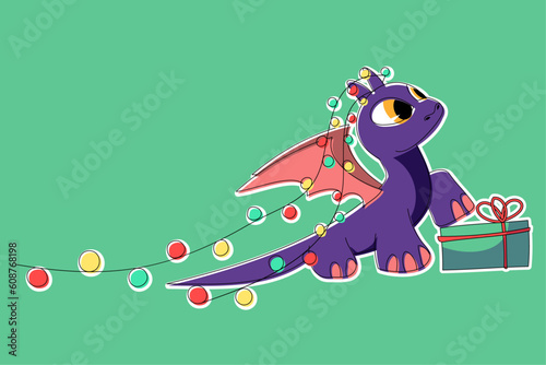 A cute vector purple dragon with red wings stands on a gift box. Dinosaur with a Christmas box and a garland stretching from his horns