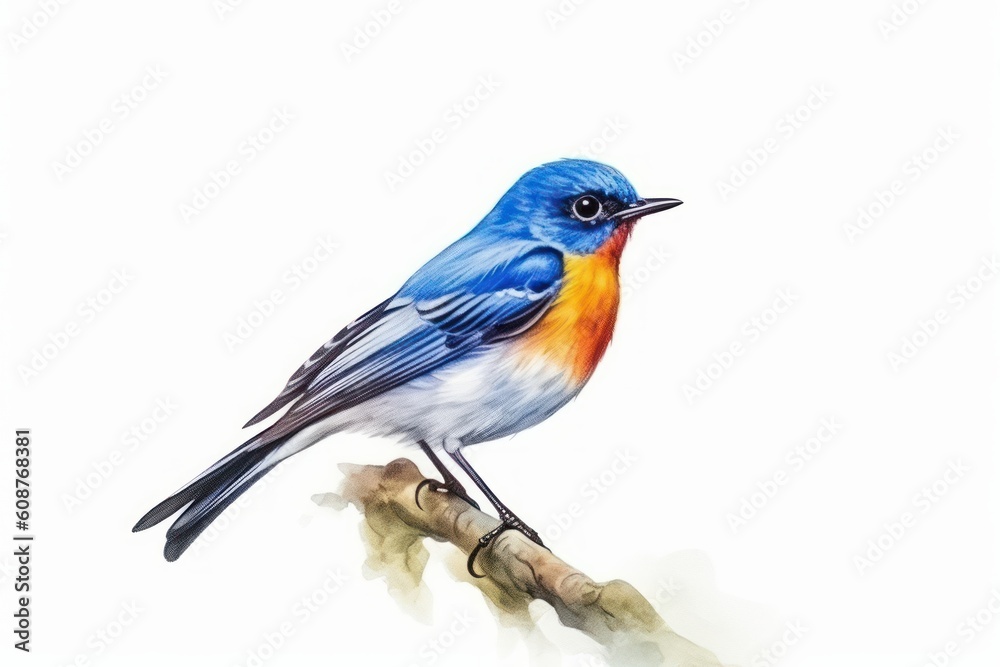Beautiful blue bird, the Ultramarine Flycatcher, isolated on a white background. Generative AI
