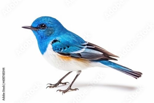 Beautiful blue bird, the Ultramarine Flycatcher, isolated on a white background. Generative AI