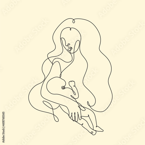 Mothers Day line art. Solid line,continuous one line drawing. Mother holding her baby . Continuous line art vector.Happy Mothers Day concept.