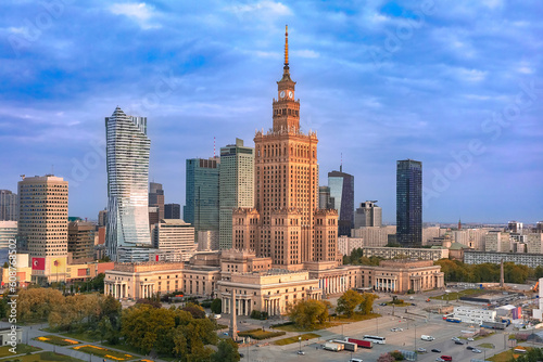 Palace of Culture and Science at sunrise, Warsaw city downtown, Poland.