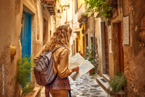 Young traveler woman alone in a narrow alley trying orientate. Travel concept. © JuanM