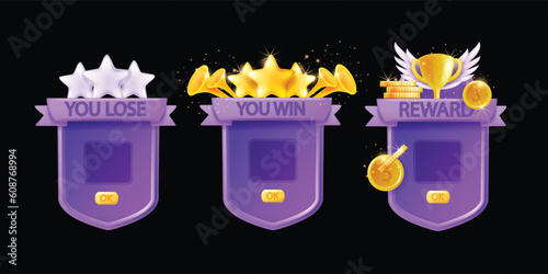 3D game frame UI background shield, vector victory player award, winner level up menu board, stars. Cartoon magic mobile app achievement banner kit, golden cup, wings. Game frame reward prize medal