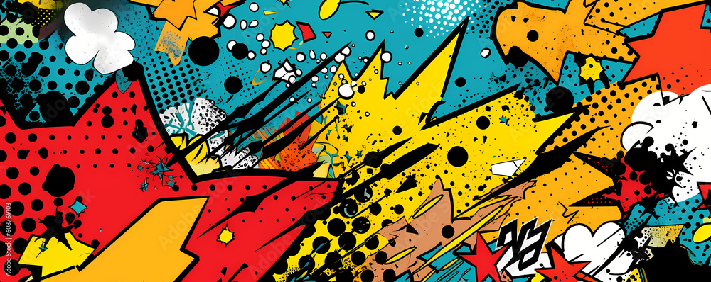 Fototapeta premium Abstract halftone comics background - Modern design shapes in pop colors banner - Generative AI