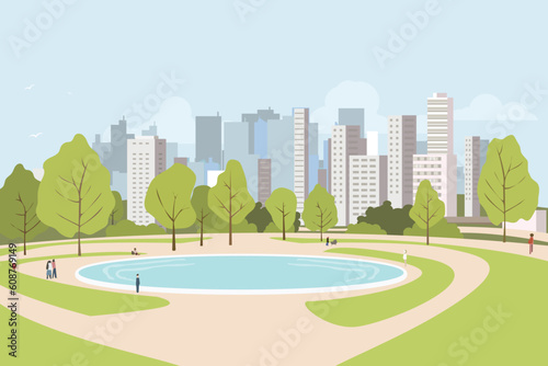 City park lawn and trees, small pond or fountain and abstract people figure. Flat style vector. On background business city center with skyscrapers. Green park vegetation in center of big town.