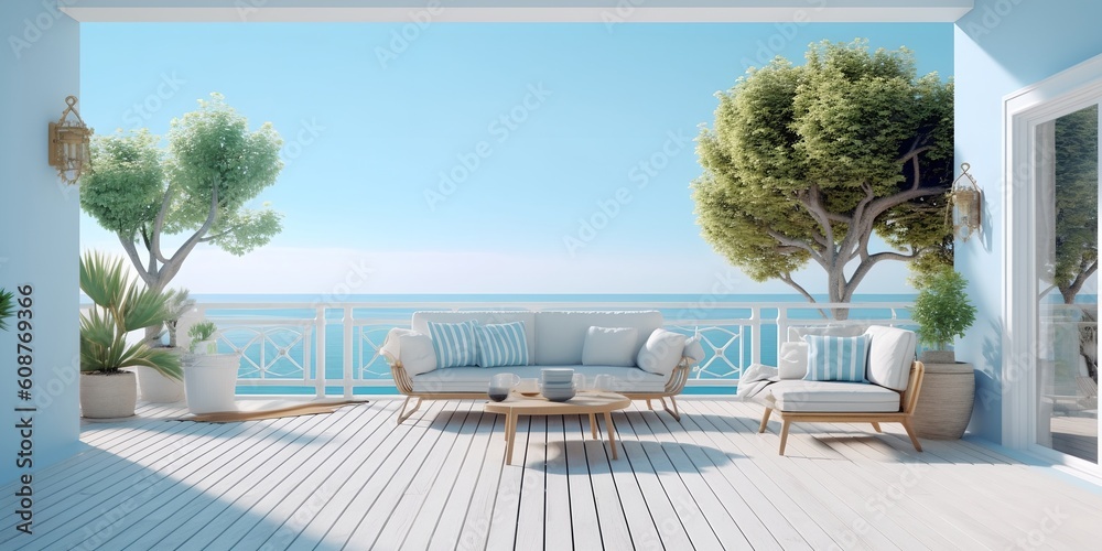 Fototapeta premium White terrace with a view of the ocean, generative ai