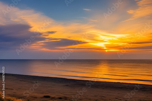 ドラマチックな夕日、朝焼け美しい自然の風景の海