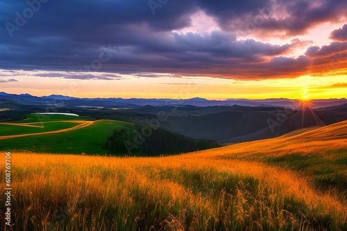 ドラマチックな夕日、朝焼け美しい自然の風景の山