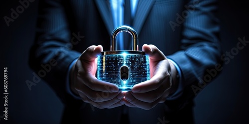 a business person holding a lock, representing financial data protection, Cyber security-themed, horizontal format, encryption, photorealistic in a JPG. 18:9 ratio aspect. Generative  AI photo