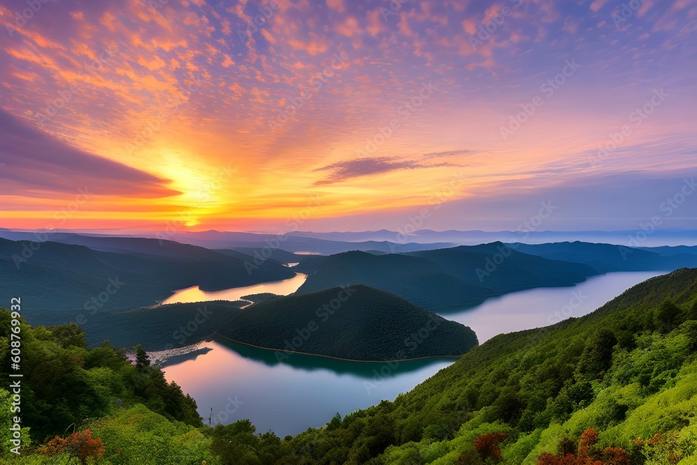 ドラマチックな夕日、朝焼け美しい自然の風景の山、湖、空、雲