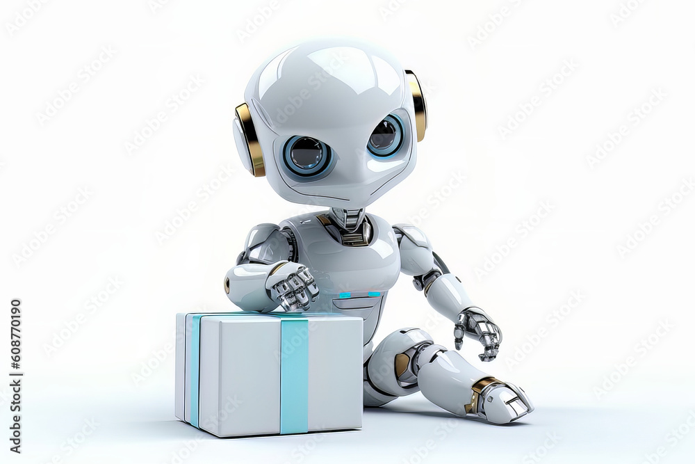 Cute little robot sitting with the gift box and placed a hand on the gift box, Generative AI