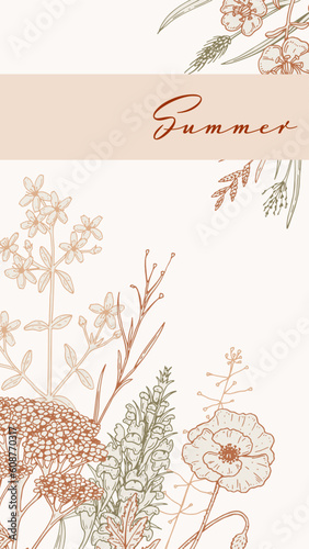 Summer vertical design with wildflowers. Hand drawn vector illustration in sketch style. Social media stories template. Meadow flowers poster. Wedding invitation