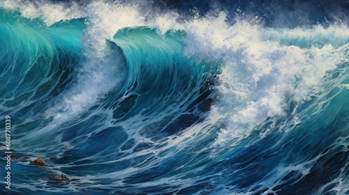 a birds-eye view of a dramatic ocean wave, horizontal abstract waves, crashing and swirling, aqua water waves, Abstrac-themed, drone aerial, photorealistic illustrations in JPG.Generative AI