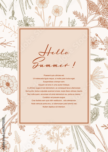 Summer vertical design with wildflowers. Hand drawn vector illustration in sketch style. Social media stories template. Meadow flowers poster. Wedding invitation