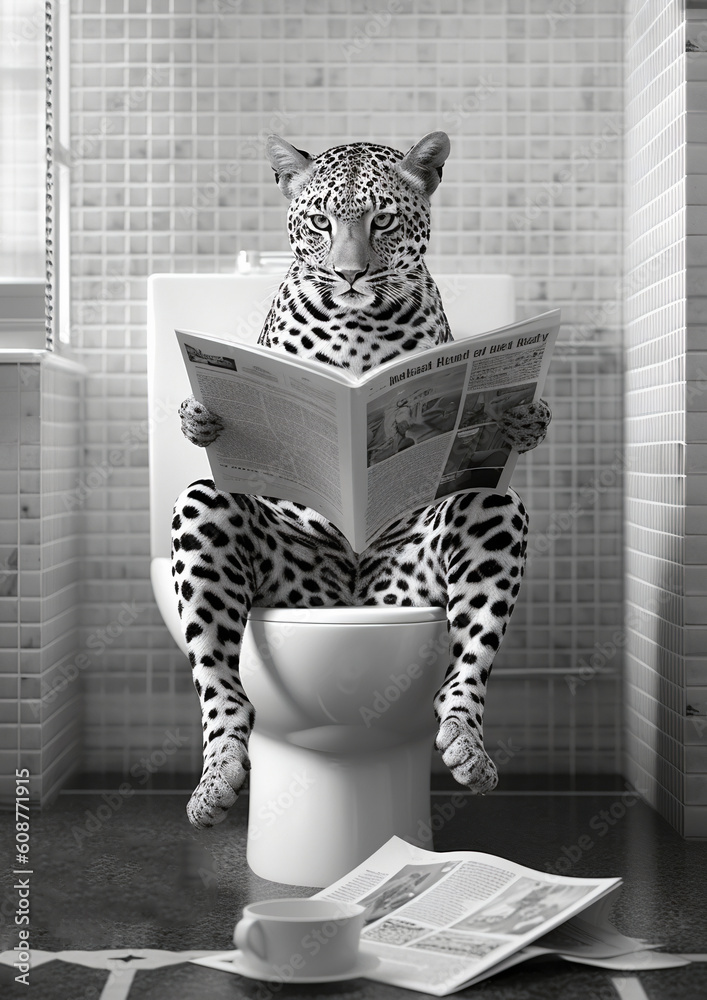 Leopard sit on the toilet, sitting on the potty, restroom humor, black and white - obrazy, fototapety, plakaty 
