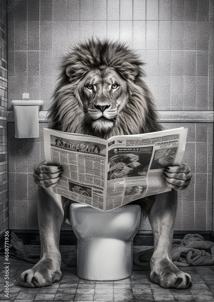 Lion sit on the toilet, leo sitting on the potty, restroom humor,
black and white - obrazy, fototapety, plakaty 